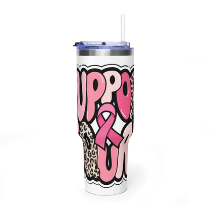 40oz Vacuum Tumbler — 'Support Squad' Pink Breast Cancer Awareness Travel Mug
