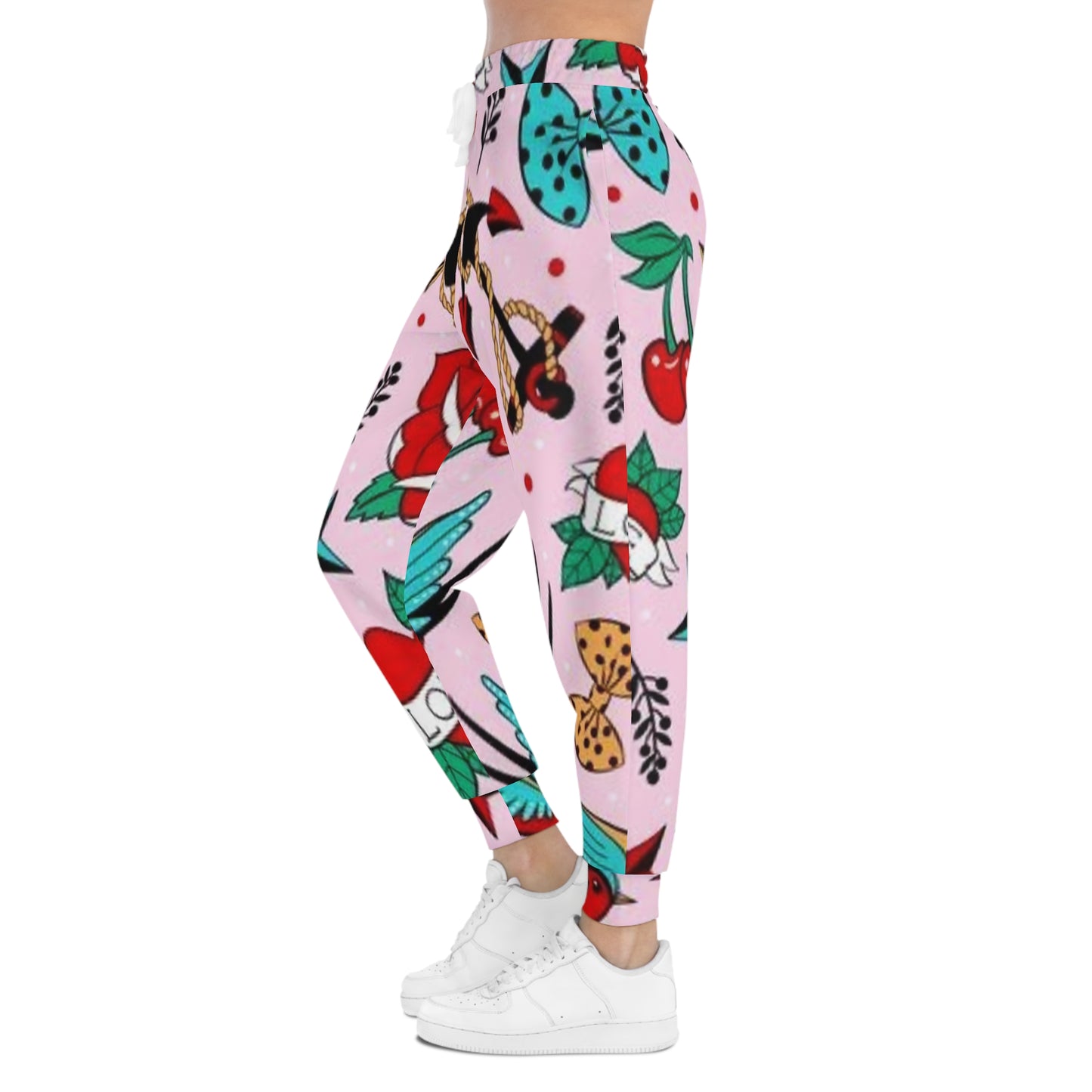 Retro Tattoo Print Joggers — Pink Cherry & Anchor Athletic Pants