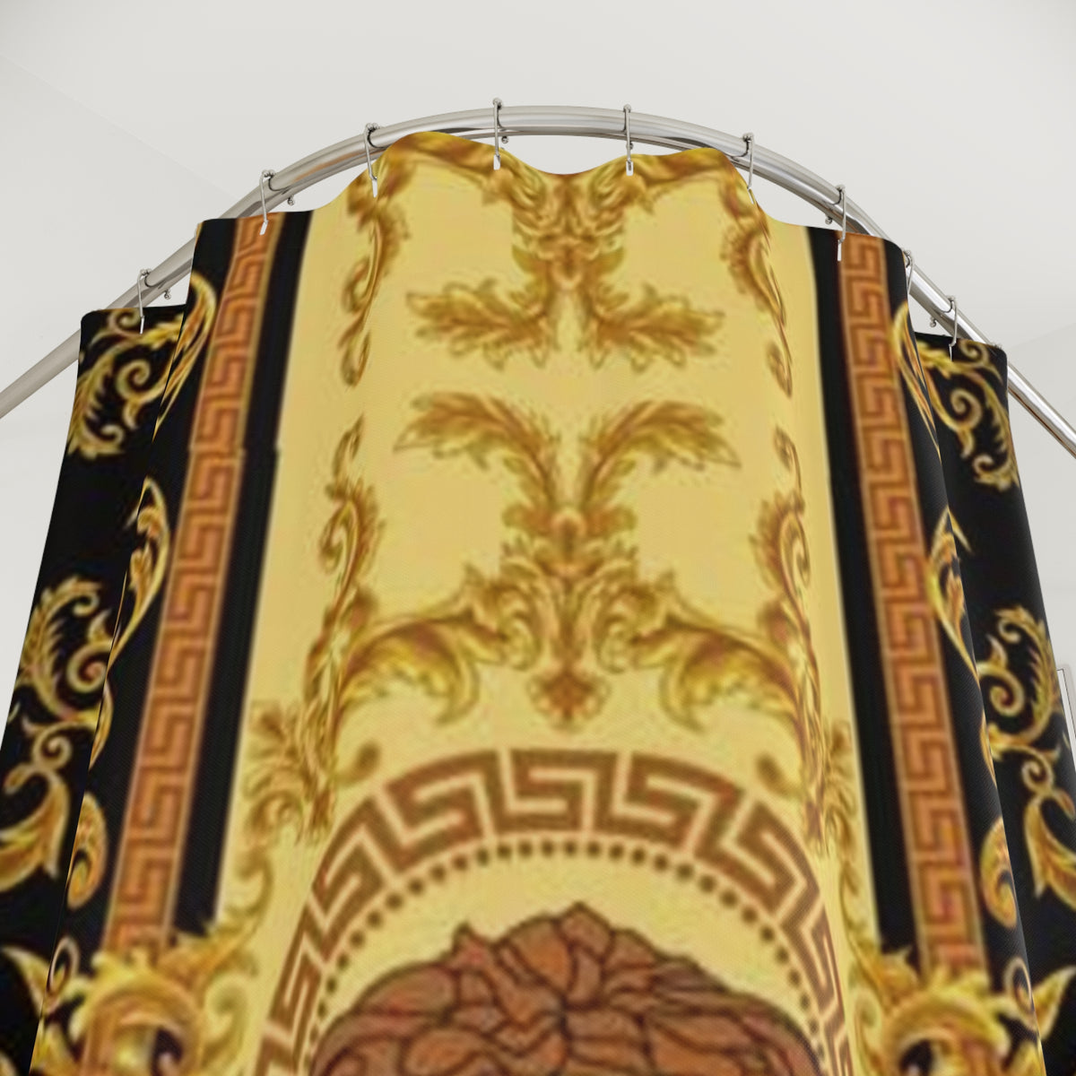Baroque Medusa Shower Curtain — Gold Greek Key Luxury Bath Decor