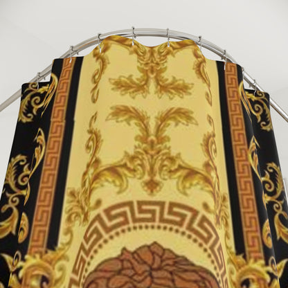 Baroque Medusa Shower Curtain — Gold Greek Key Luxury Bath Decor