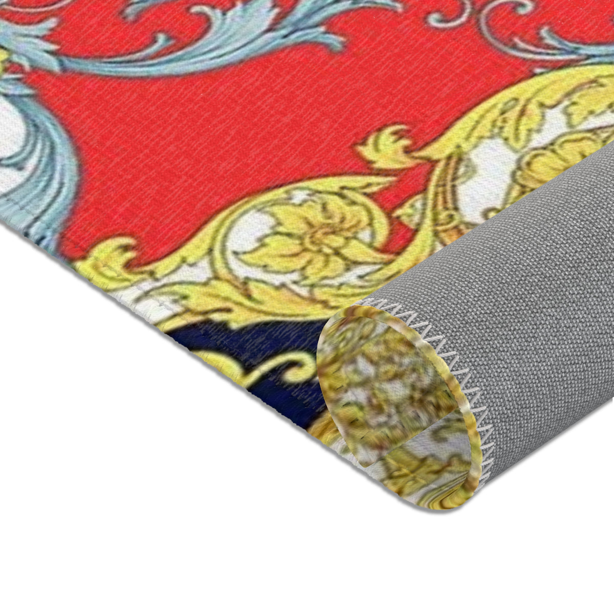 Baroque Scroll Area Rug — Red, Blue & Gold Ornate Accent Rug
