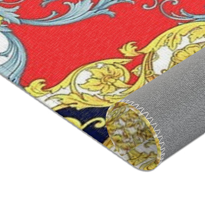 Baroque Scroll Area Rug — Red, Blue & Gold Ornate Accent Rug
