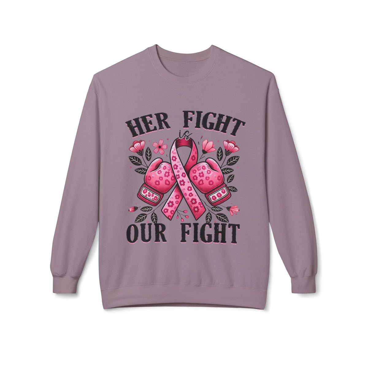 Breast Cancer Awareness Crewneck Sweatshirt - "Her Fight Our Fight" Pink Ribbon Design