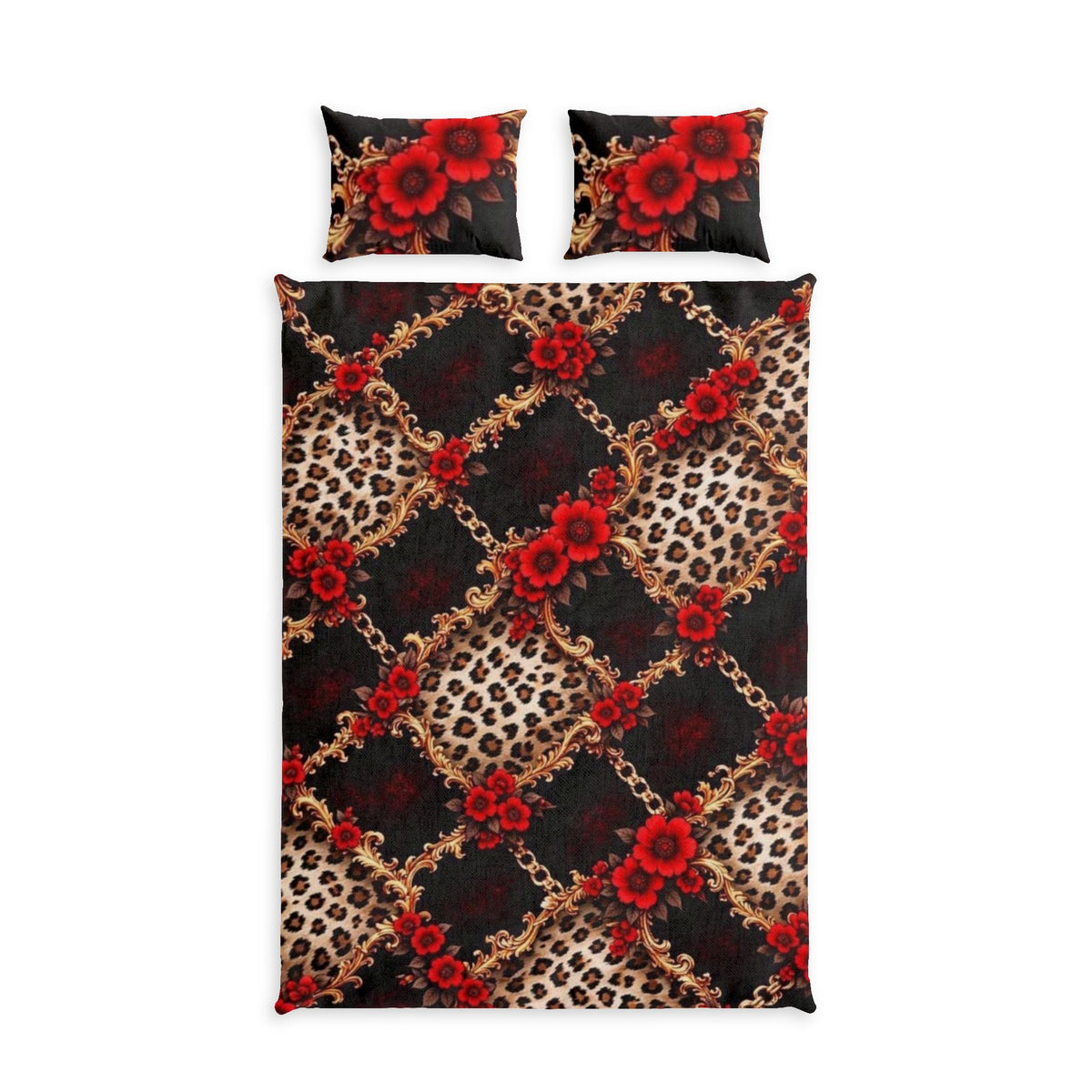 Leopard Chain Floral Cotton Bed Set — Red Rose Duvet Cover