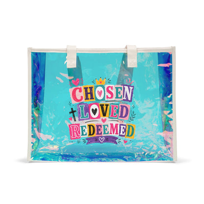 Holographic Beach Tote — "Chosen Loved Redeemed" Clear Iridescent Tote Bag