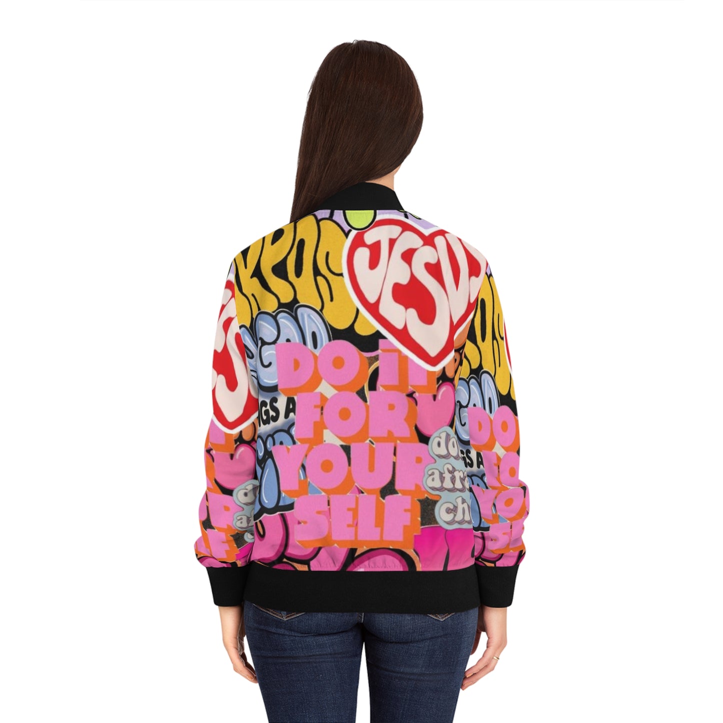 Vibrant Affirmation Bomber Jacket, Statement Jacket, Expressive Outerwear, Casual Chic, Trendy Layering Piece, Faith-Inspired Apparel