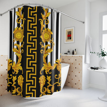 Baroque Gold Scroll Shower Curtain — Black & White Striped Bathroom Decor
