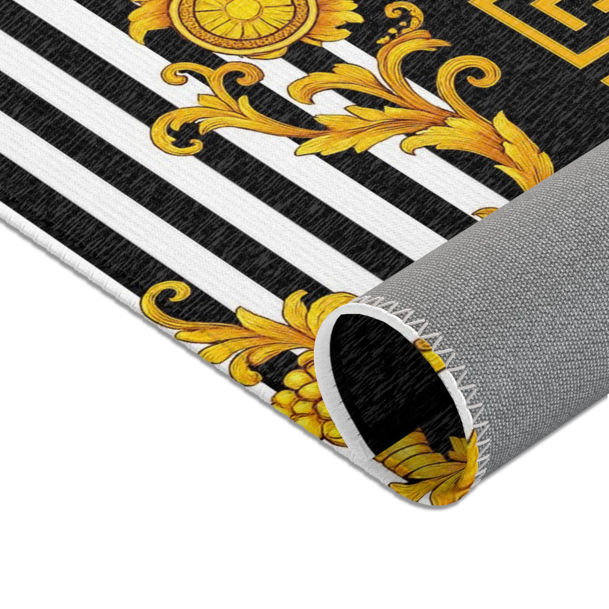 Baroque Gold Scroll Area Rug — Black & White Striped Medallion Accent Rug