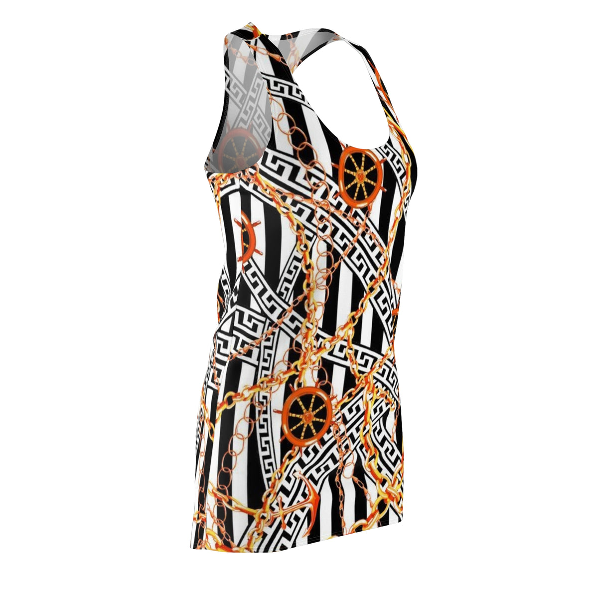 Chain & Wheel Pattern Racerback Dress — Bold Black Stripe Nautical Print