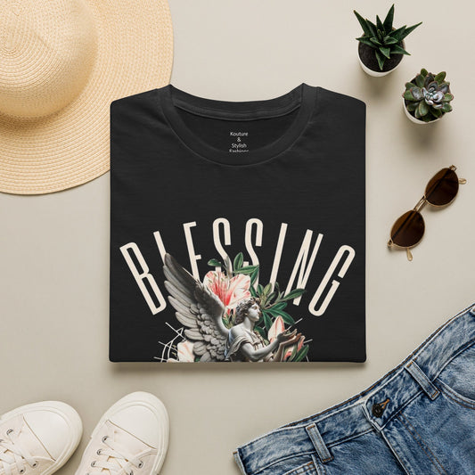 Blessing Angel Graphic T‑Shirt — Faith Inspired Floral Statue Tee
