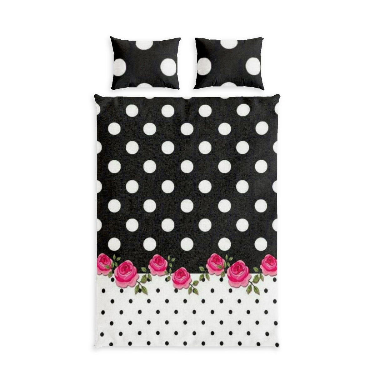 Polka Dot Rose Cotton Bed Set — Black & White Floral Duvet Cover