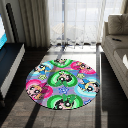 Powerpuff Girls Pattern Round Rug – Colorful Kids’ Cartoon Floor Mat