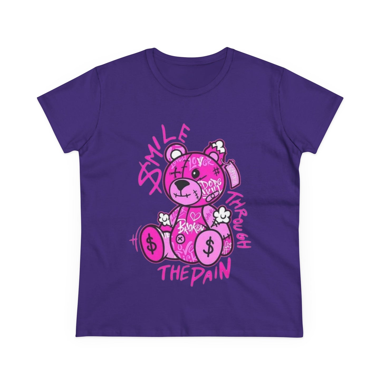 Smile Through The Pain Teddy Bear Tee — Pink Graphic Women's Cotton Shirt
