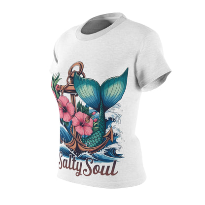 Salty Soul Damen Cut &amp; Sew T-Shirt – Maritimes Meerjungfrauen- und Blumendesign