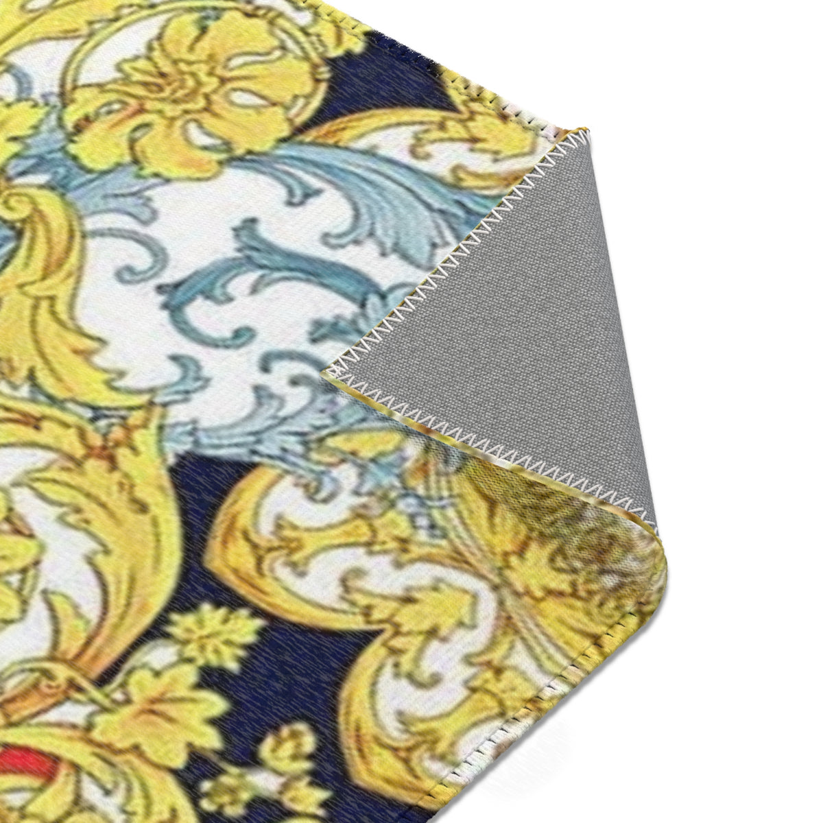 Baroque Scroll Area Rug — Red, Blue & Gold Ornate Accent Rug