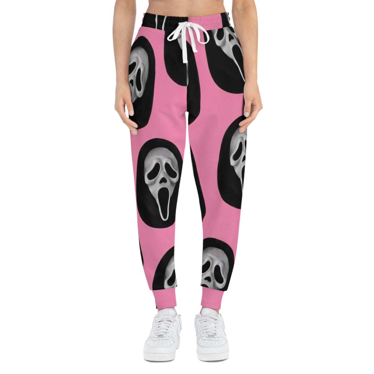 Pink Scream Face Joggers — Goth Horror Skull All-Over Print Sweatpants