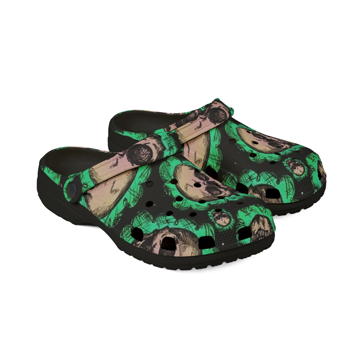 Skeleton Face Clogs — Green Camouflage EVA Foam Slip-Ons