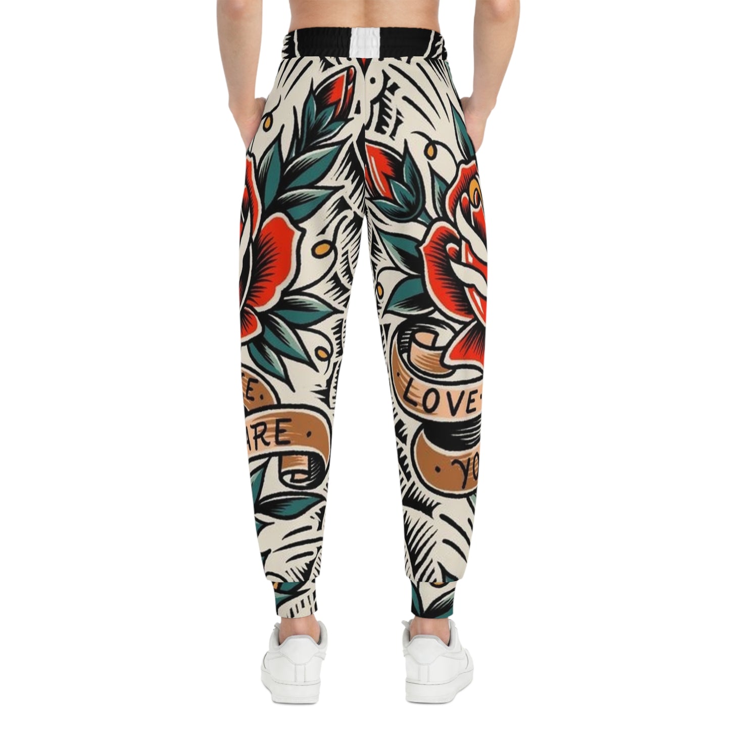 Tattoo Rose All-Over Print Joggers — "Love You" Vintage Floral Athletic Pants