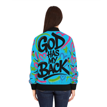 God Has My Back Bomber Jacket — Women's Inspirational Heart Pattern