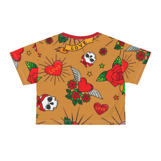 Love Skull & Rose Crop Tee – Tattoo Chic Graphic Top for Festivals & Casual Wear
