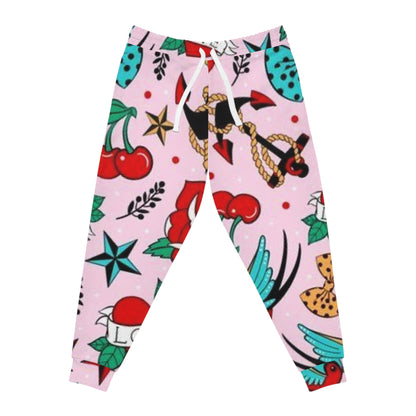 Retro Tattoo Print Joggers — Pink Cherry & Anchor Athletic Pants