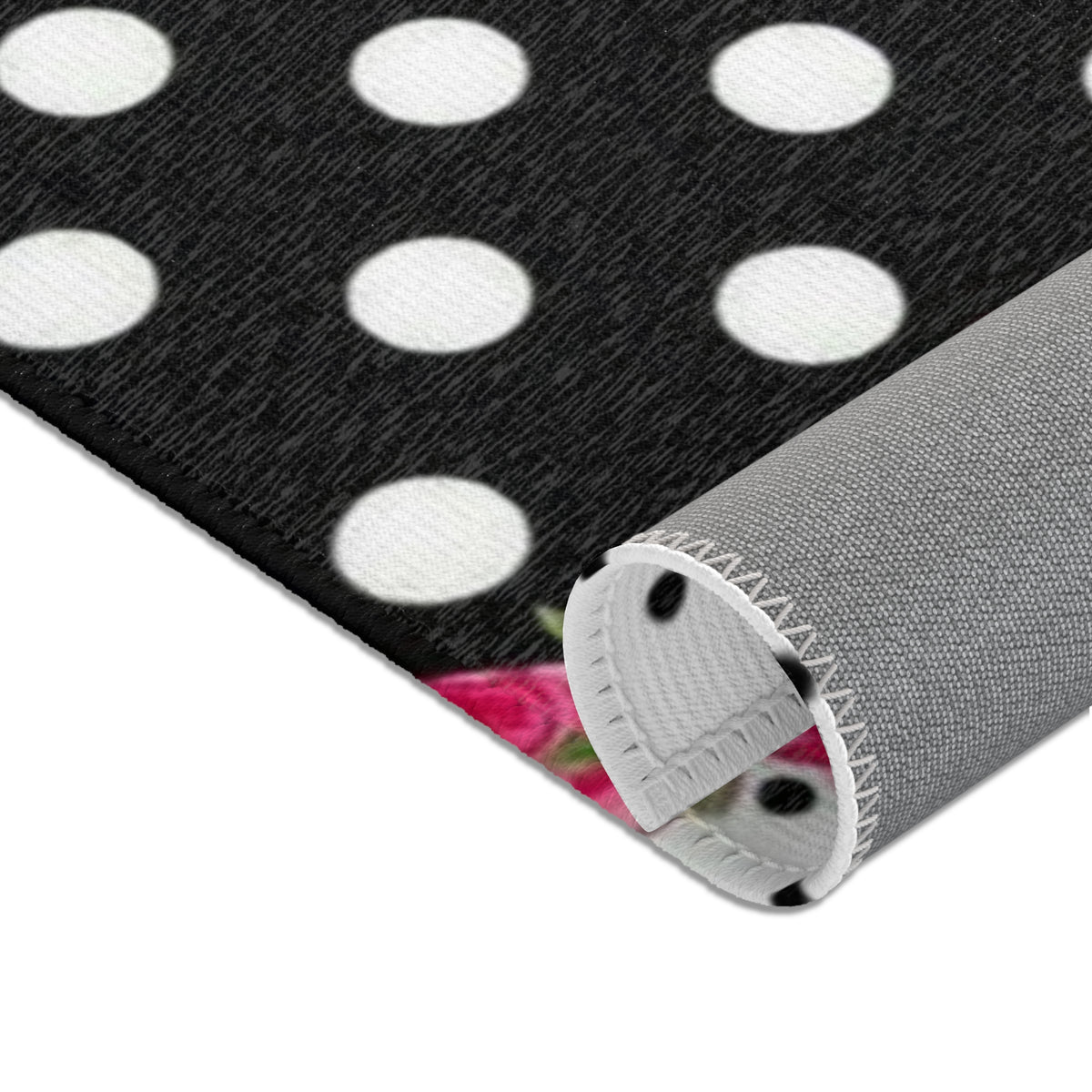 Polka Dot Rose Area Rug — Black & White Vintage Floral Accent Rug