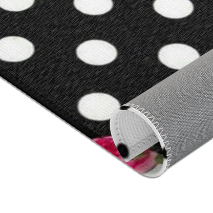 Polka Dot Rose Area Rug — Black & White Vintage Floral Accent Rug