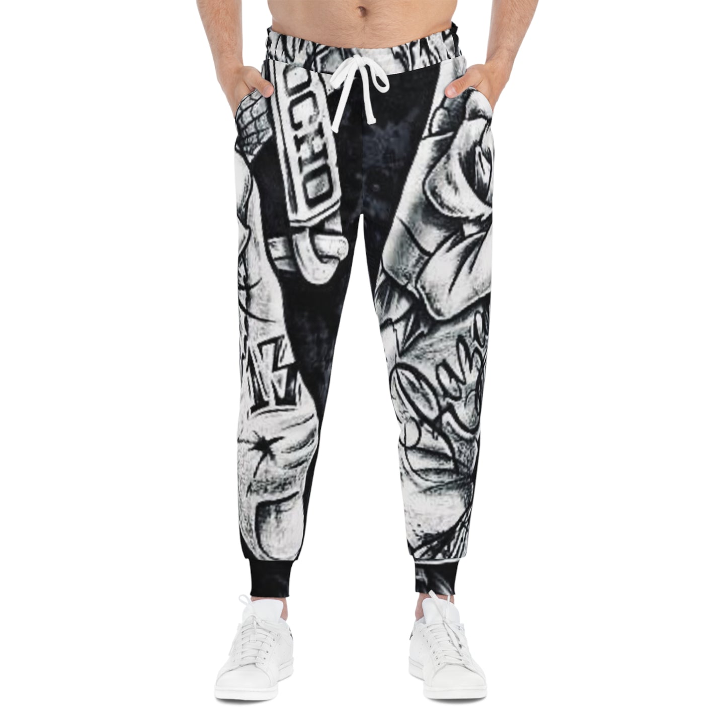 Black & White Tattoo Art Joggers – All-Over Print Athletic Pants
