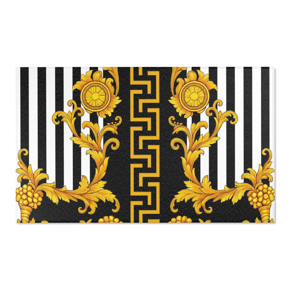 Baroque Gold Scroll Area Rug — Black & White Striped Medallion Accent Rug