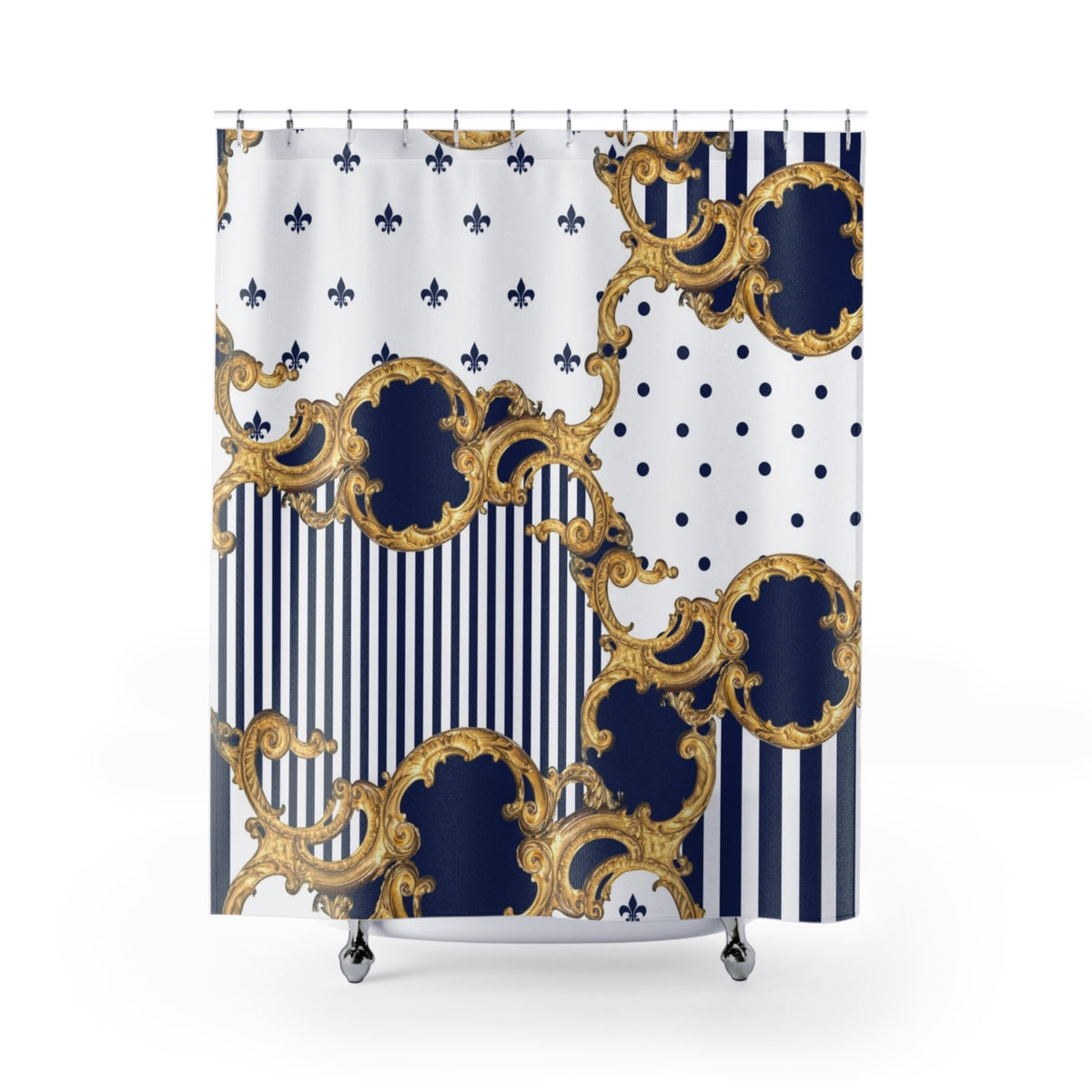 Baroque Navy & Gold Shower Curtain — Stripes, Polka Dots & Fleur-de-Lis Bath Decor