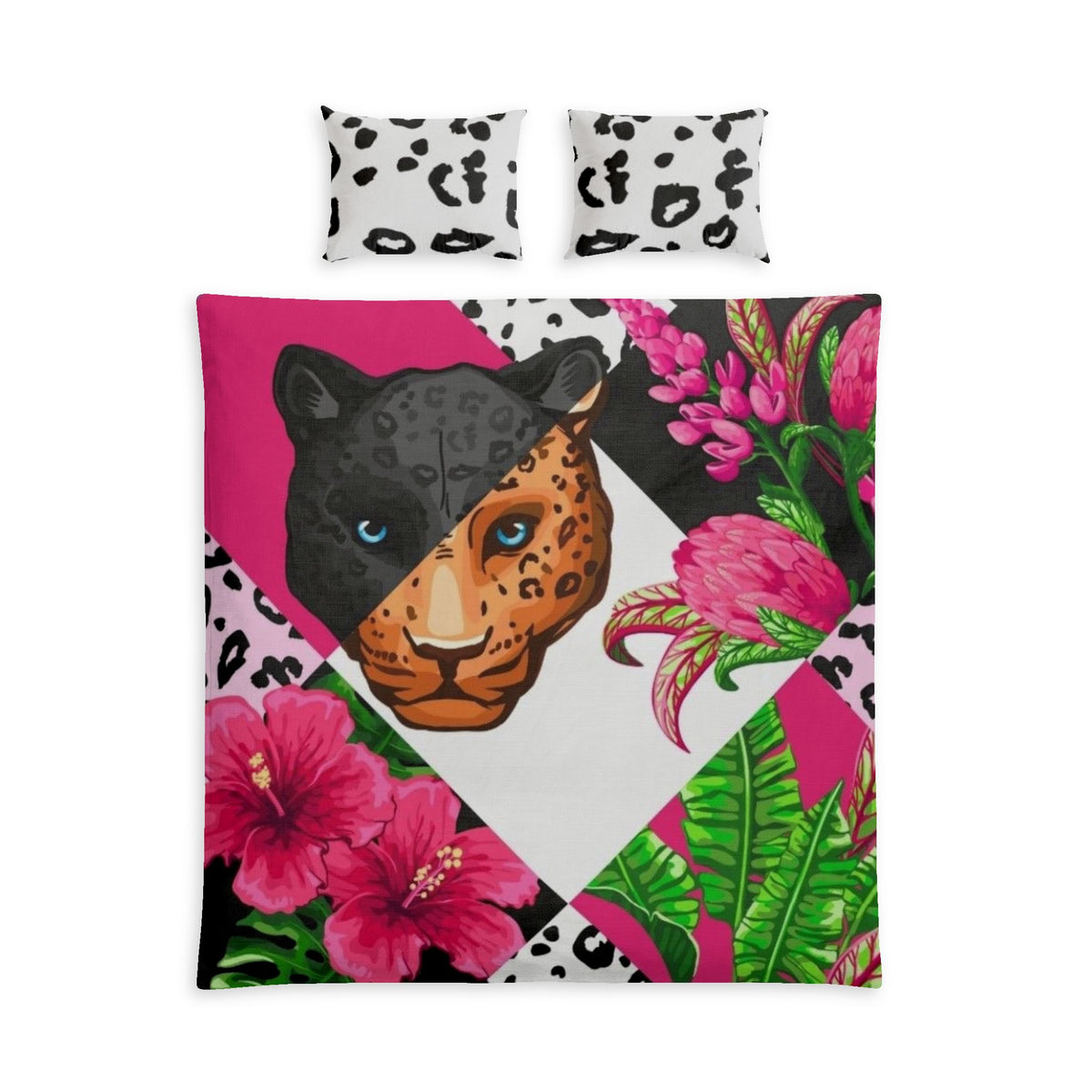 Leopard Tropics Duvet Cover Set - Bold Pink Floral Cotton Bed Set