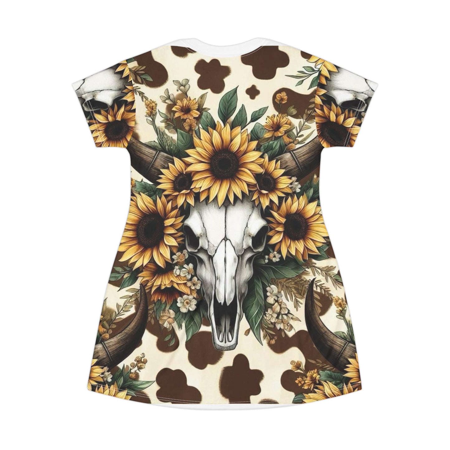 Western Style T-Shirt Dress with Bull Horns and Sunflowers Design
