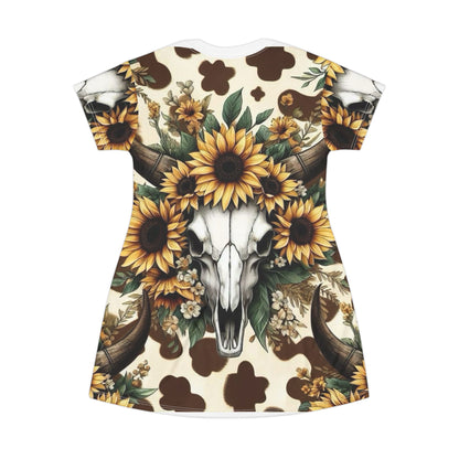 Western Style T-Shirt Dress with Bull Horns and Sunflowers Design