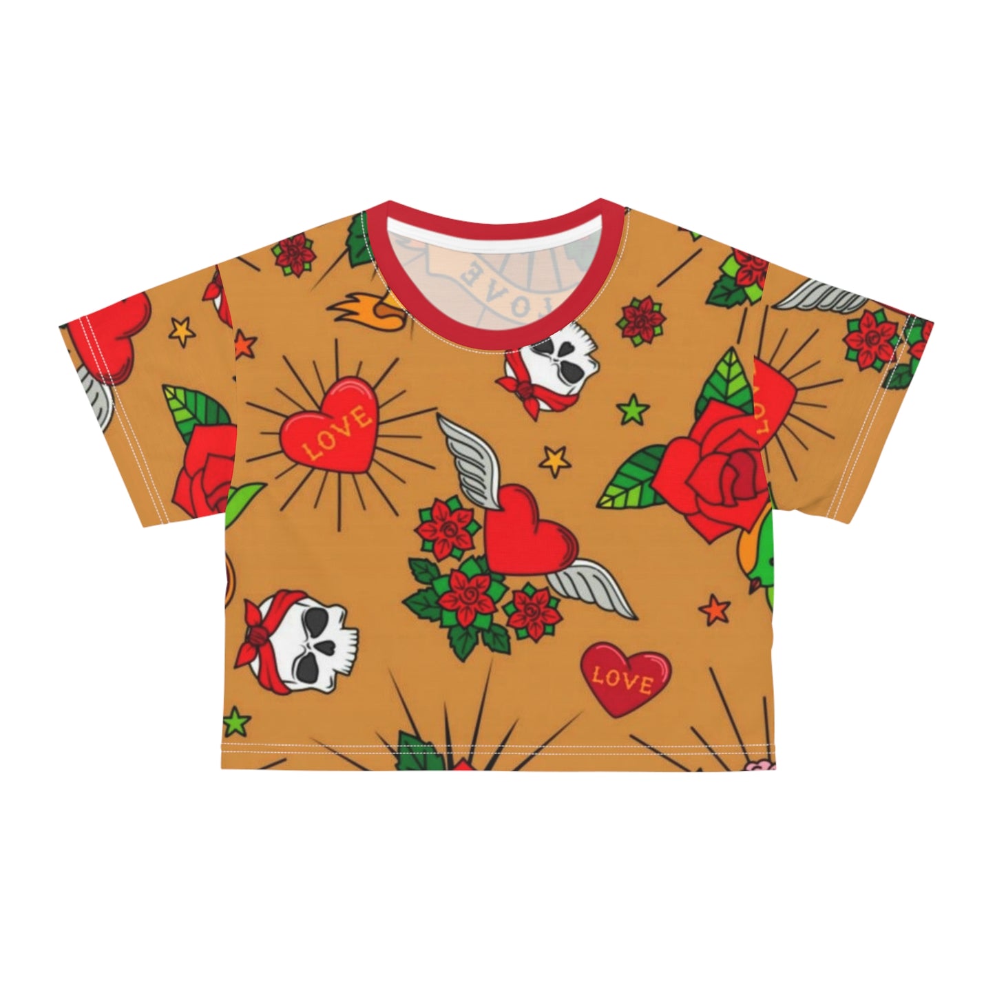 Love Skull & Rose Crop Tee – Tattoo Chic Graphic Top for Festivals & Casual Wear
