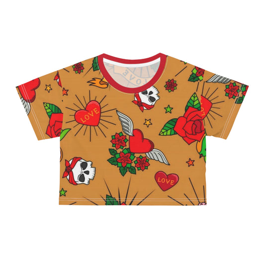 Love Skull & Rose Crop Tee – Tattoo Chic Graphic Top for Festivals & Casual Wear