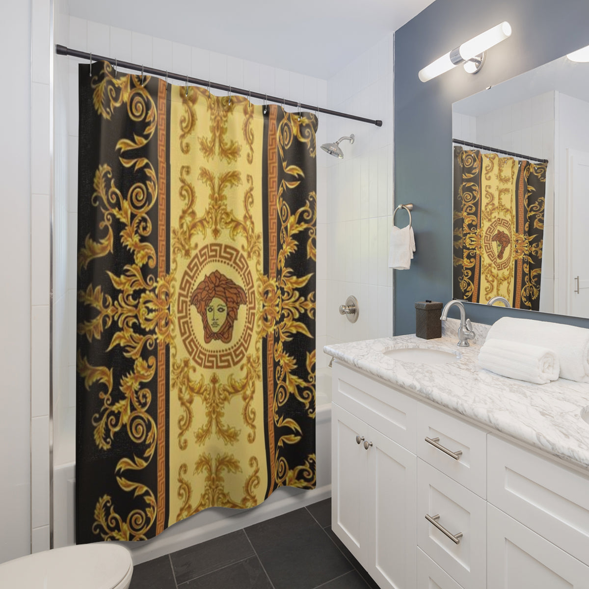 Baroque Medusa Shower Curtain — Gold Greek Key Luxury Bath Decor