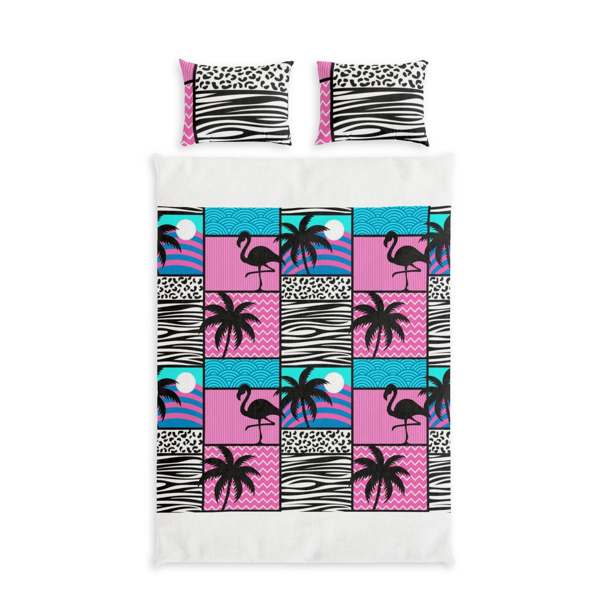 Tropical Flamingo Cotton Bed Set — Retro Pink & Teal Palm Pattern