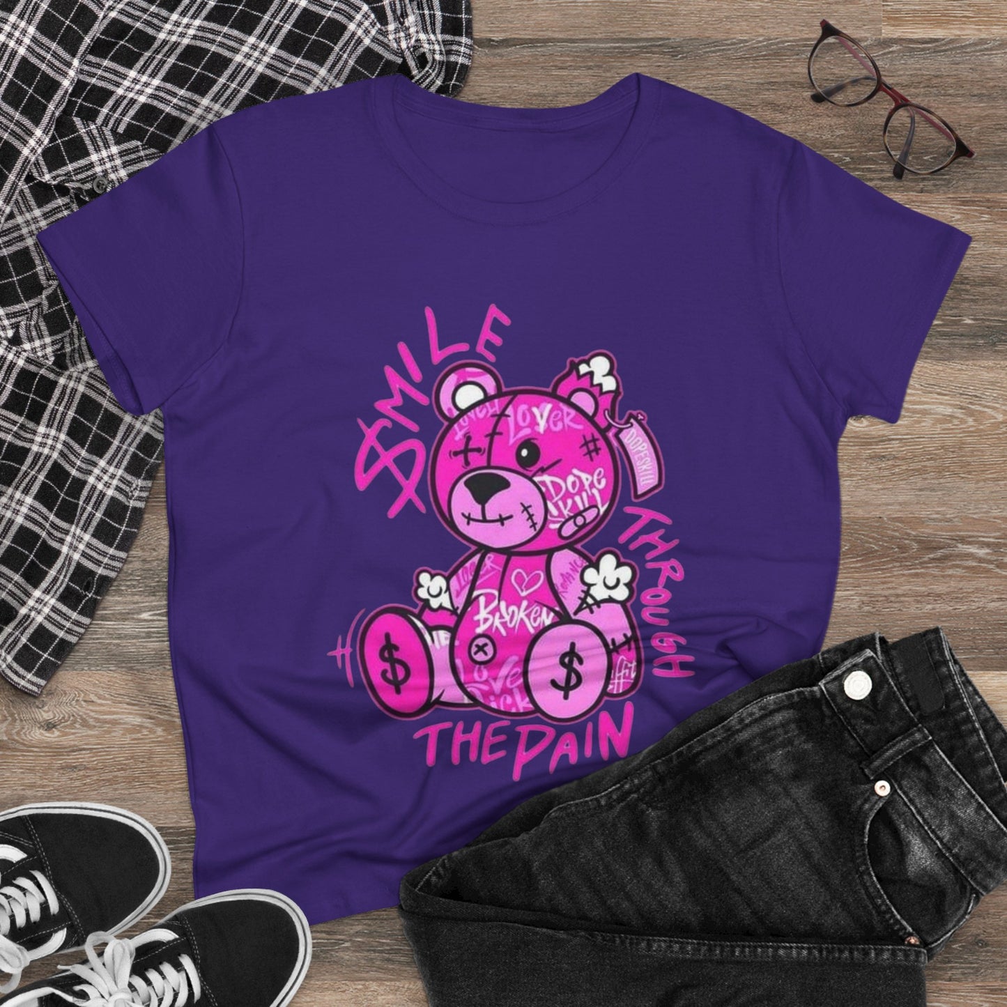 Smile Through The Pain Teddy Bear Tee — Pink Graphic Women's Cotton Shirt