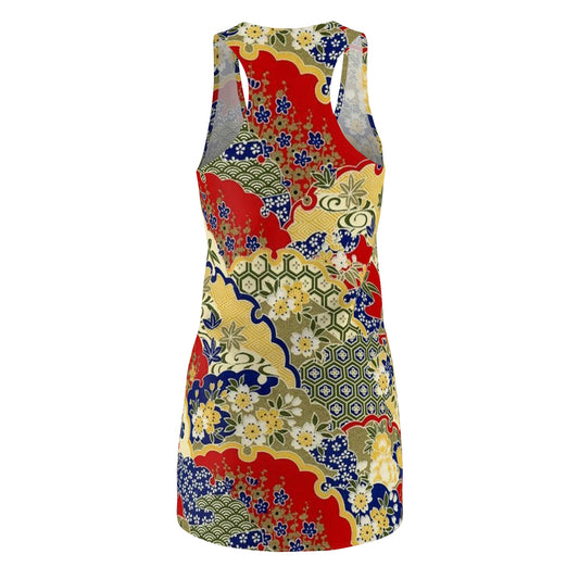 Floral Kimono-Print Racerback Dress — Vibrant Asian-Inspired All-Over Print