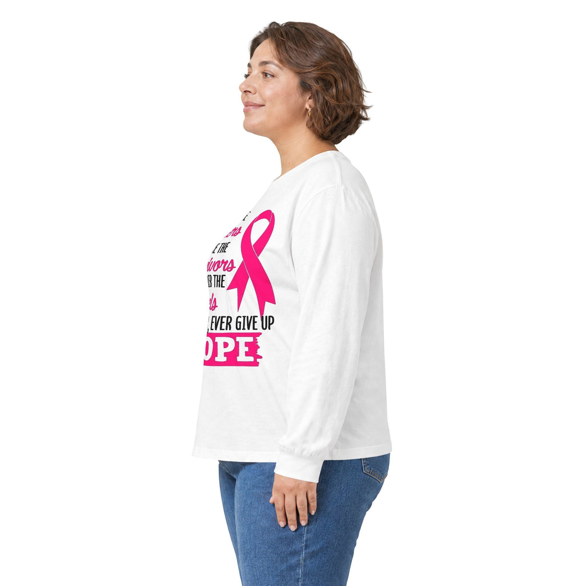 Breast Cancer Awareness Long Sleeve Tee — "Support the Fighters, Admire the Survivors" Hope Ribbon