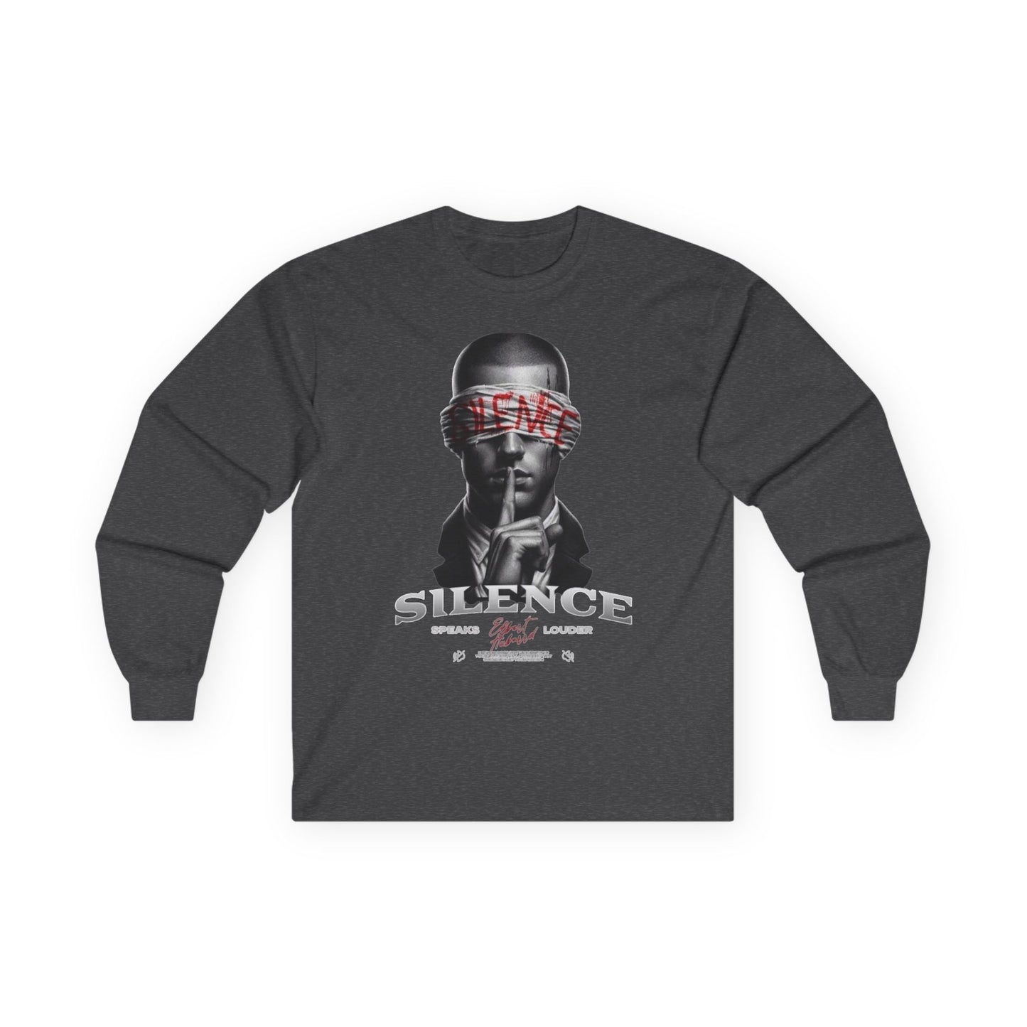 Silence Graphic Long Sleeve Tee — 'Silence' Poster Design with Shushing Figure