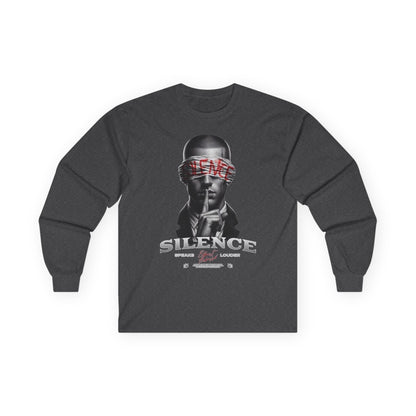 Silence Graphic Long Sleeve Tee — 'Silence' Poster Design with Shushing Figure