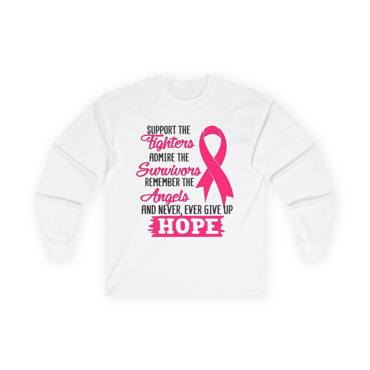 Breast Cancer Awareness Long Sleeve Tee — "Support the Fighters, Admire the Survivors" Hope Ribbon