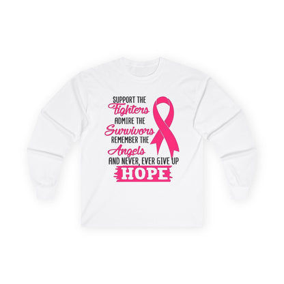 Breast Cancer Awareness Long Sleeve Tee — "Support the Fighters, Admire the Survivors" Hope Ribbon