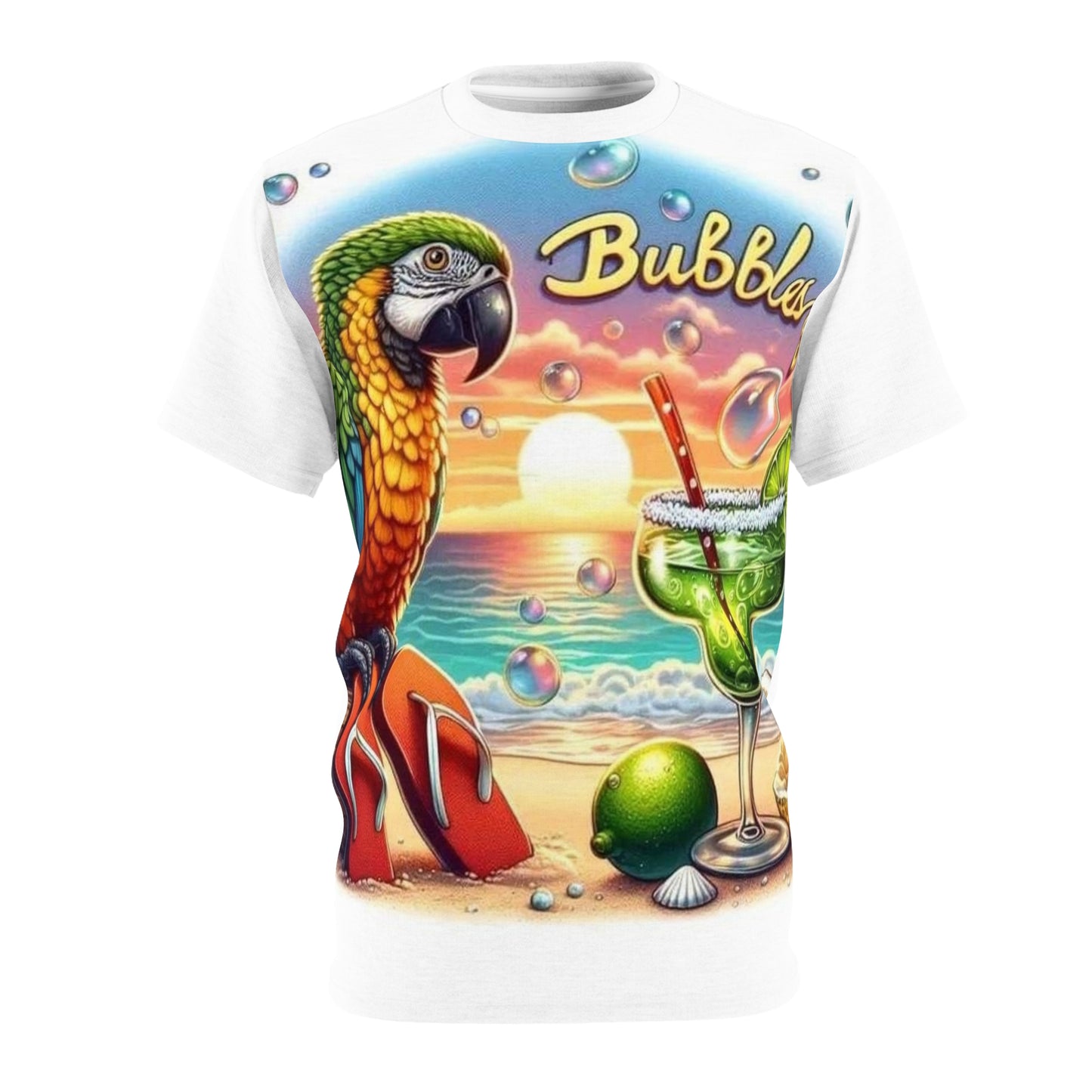 Tropical Vibe Unisex Tee - 'Bubbles' Parrot & Cocktail Design