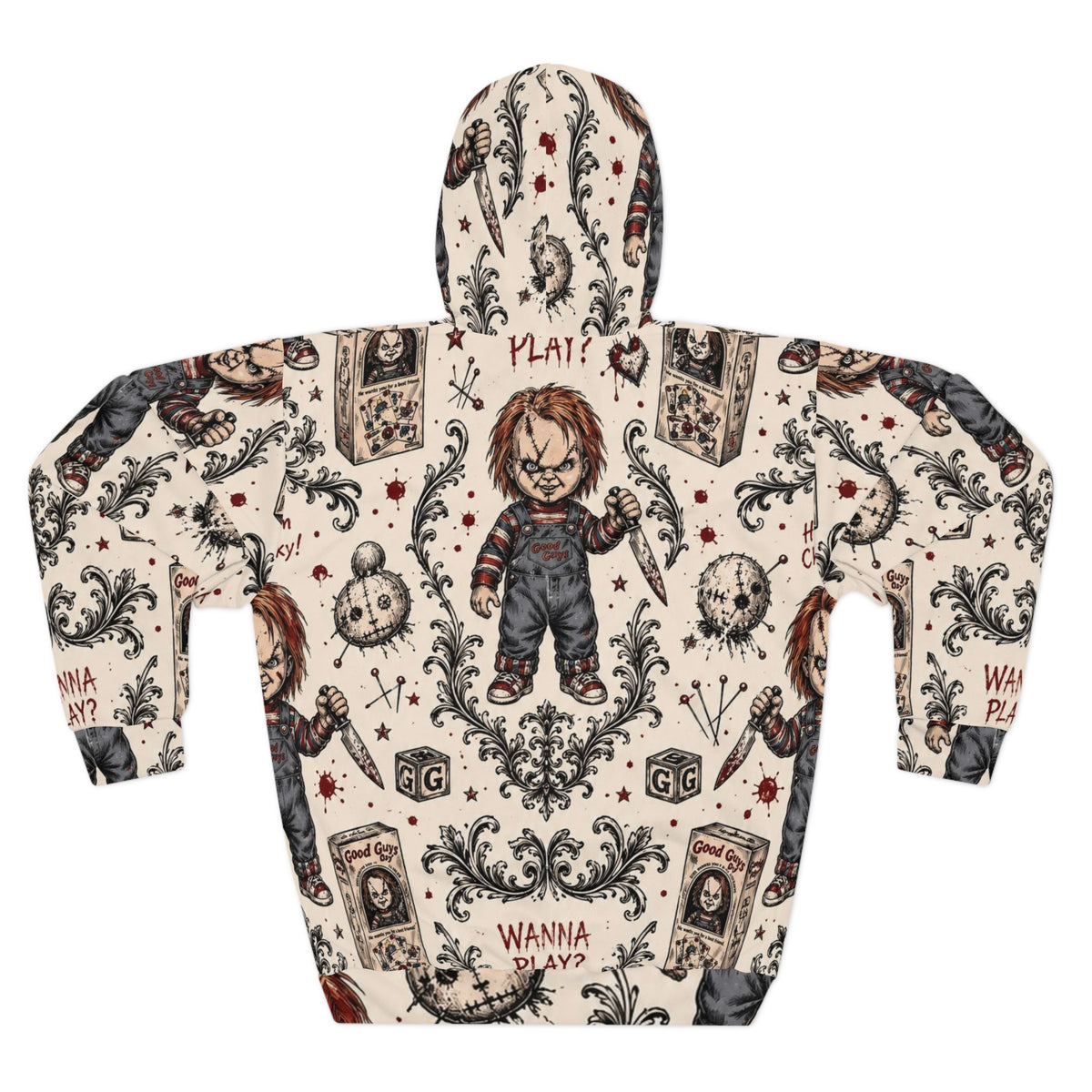 Chucky Pattern Hoodie – "Wanna Play?" Horror All-Over Print Pullover