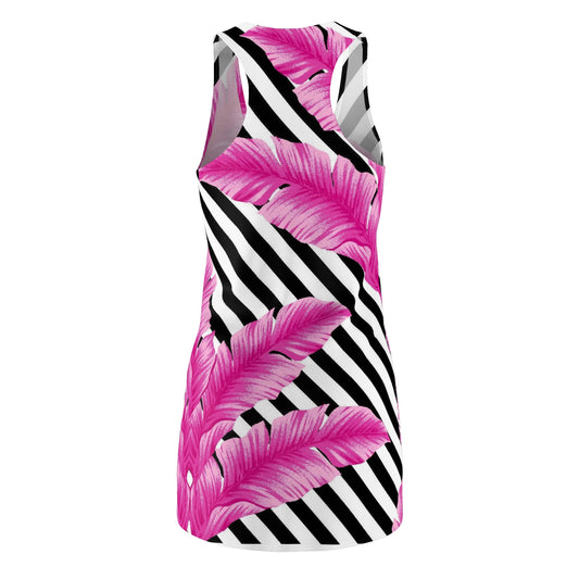 Pink Feather Stripe Racerback Dress - Tropical Floral AOP