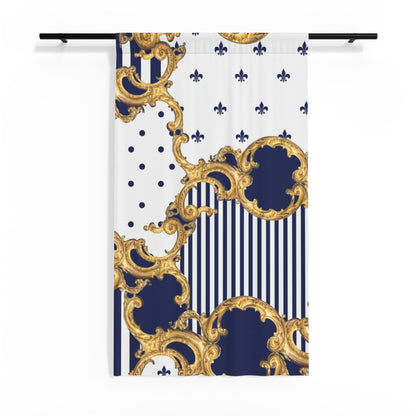 Baroque Fleur-de-Lis Sheer Window Curtain — Navy Stripes & Gold Scroll Sheer Drapery