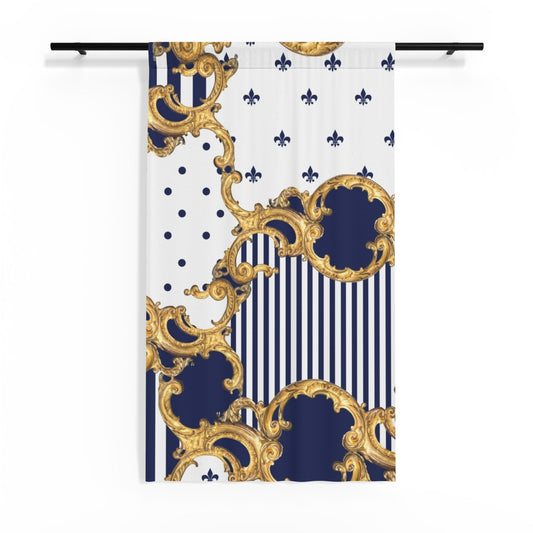 Baroque Fleur-de-Lis Sheer Window Curtain — Navy Stripes & Gold Scroll Sheer Drapery