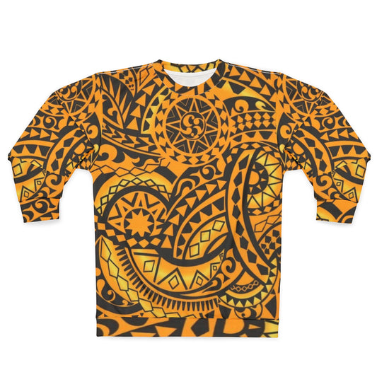 Polynesian Tribal Pattern Sweatshirt — Bold Orange Island-Inspired All-Over Print